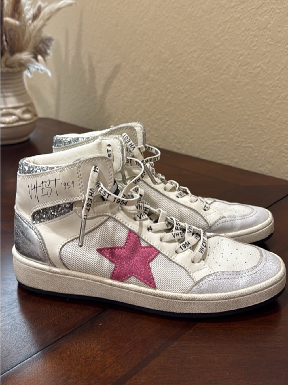 Vintage Havana Dream 2 White Silver Sparkle High Top Sneakers with Pink Star